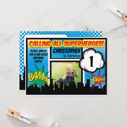 Invitation Superhero Comic Photo Boys 1ère fête d'anniversair (Devant/Arrière en situation)
