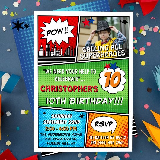 Invitation Superhero Comic Photo N'importe quel âge Anniversa