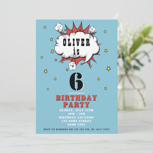 Invitation Superhero Comic Speech Bubble Boy Anniversaire Par (Debout devant)