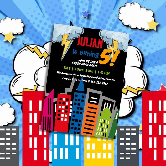 Invitation Superhero Dark City Building Explosion Anniversair
