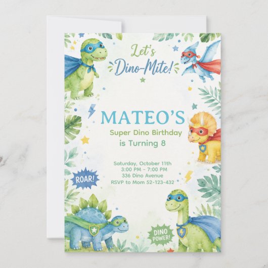 Invitation Superhero Dinosaur Watercolor Birthday Party Paste (Devant)
