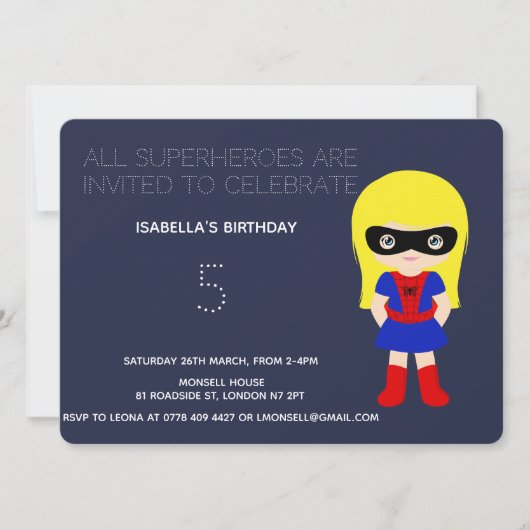 Invitation Superhero Enfants Filles Anniversaire Fête Invitat (Devant)