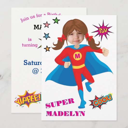 Invitation Superhero Girl Birthday Comic ⚡ Fun Fab USA (Devant / Derrière)