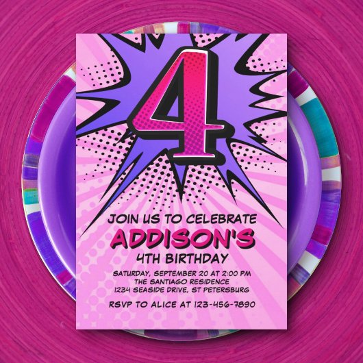Invitation Superhero Girl's 4th Birthday