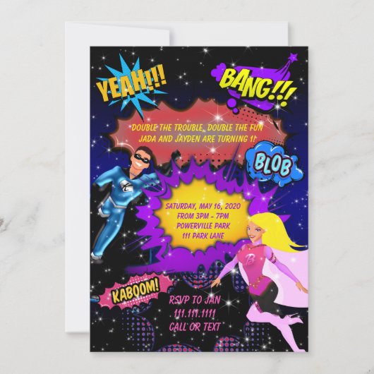Invitation Superhero, Invitation Anniversaire Twin (Devant)