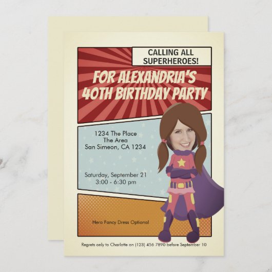 Invitation Superhero Old Comic Birthday Party (brunette) (Devant / Derrière)