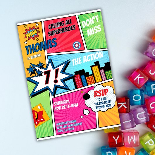 Invitation Superhero Party Comic Book Birthday Photo