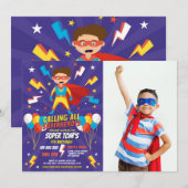 Invitation Superhero Party Photo Boys Blue Stars Super (Devant / Derrière)