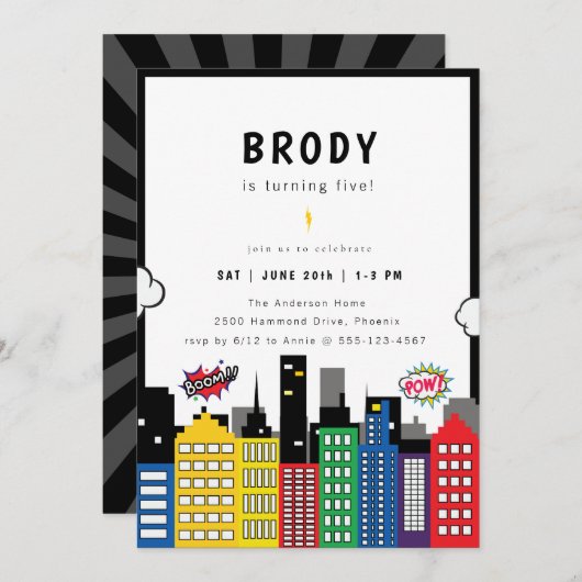 Invitation Superhero Thème Anniversaire (Devant / Derrière)