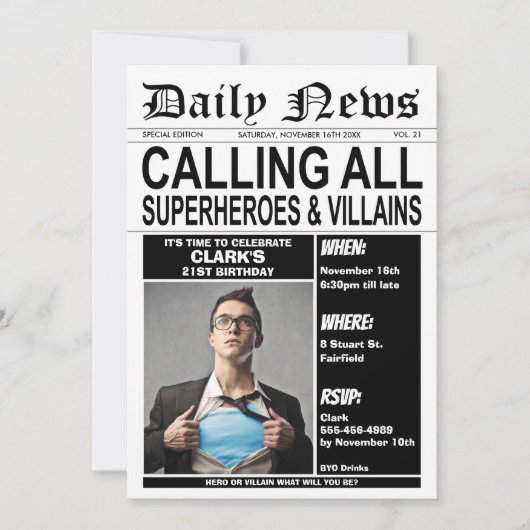 Invitation Superhéros ou vilains fête d'anniversaire Superher (Devant)
