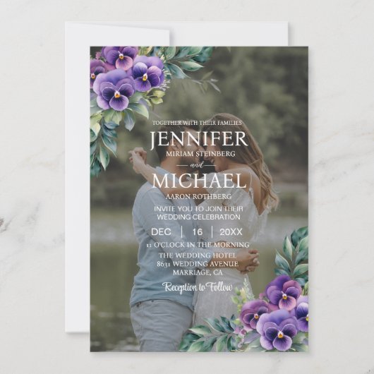 Invitation Superposer Portrait photo Photo QR Pansies Mariage (Devant)