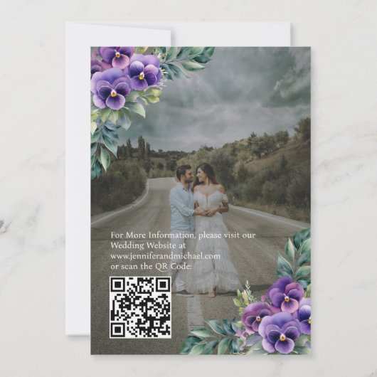 Invitation Superposer Portrait photo Photo QR Pansies Mariage (Dos)