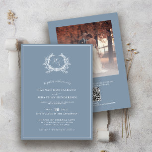 Invitation Superposition de photo de monogramme élégant bleu