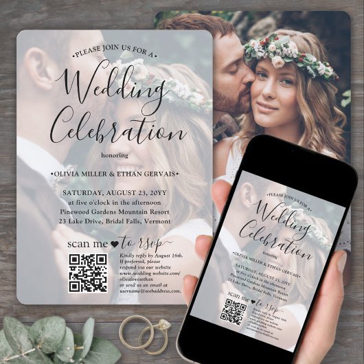 Invitation Superposition photo Code QR RSVP Mariage de script