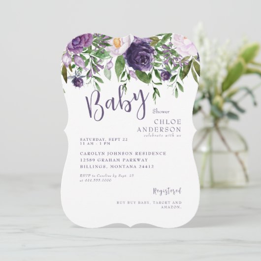 Invitation Support de douche pour bébé Floral violet (Debout devant)