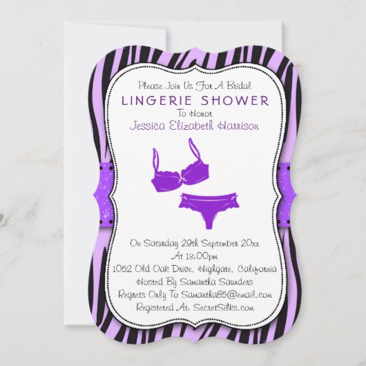 Invitation Support d'impression Zèbre Noir & Violet Douche Li (Devant)