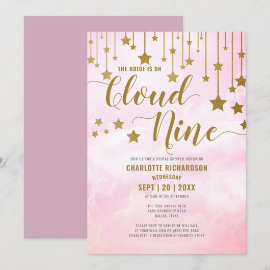 Invitation Sur Cloud Neuf Dreamy Pastel Fête des mariées rose (Devant / Derrière)