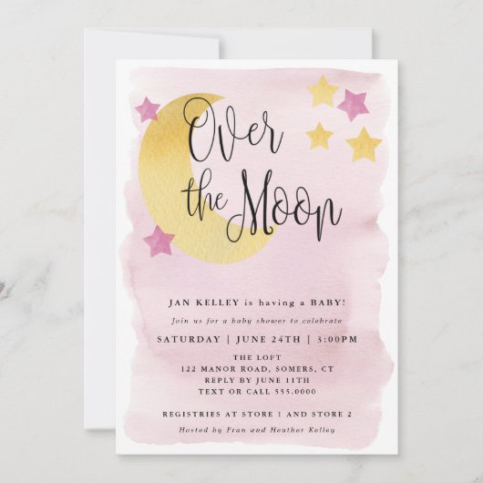 Invitation Sur la Lune, Baby shower d'aquarelle rose (Devant)