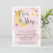 Invitation Sur la Lune, Baby shower d'aquarelle rose (Debout devant)