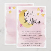 Invitation Sur la Lune, Baby shower d'aquarelle rose (Devant / Derrière)