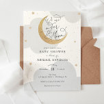 Invitation Sur la lune Baby shower neutre pour les femmes<br><div class="desc">Invitation baby shower avec des nuages et des étoiles gris aquarelle avec lune de gloire dorée et script amusant "Nous sommes sur la lune!" Personnalisez avec vos informations ou cliquez sur "cliquer pour customiser plus loin" pour ajuster le type de police,  la taille,  la couleur.</div>