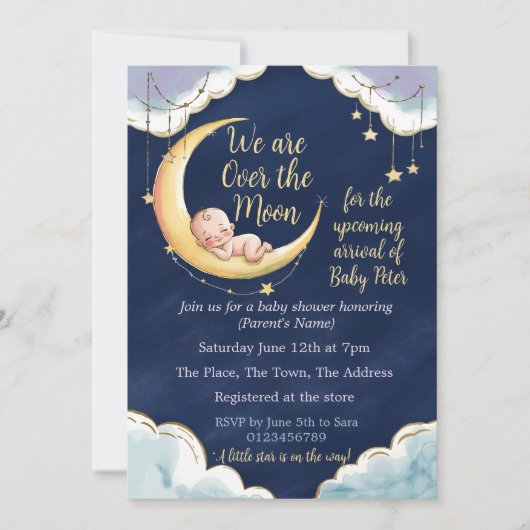 Invitation Sur la lune Bébé Baby shower à thème céleste (Devant)