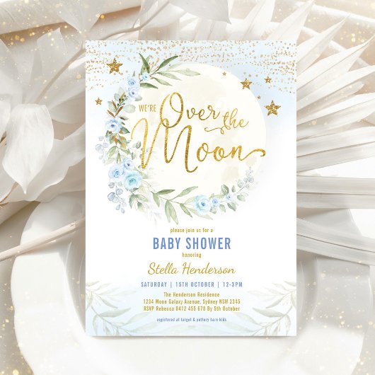 Invitation Sur la Lune Bleu Floral Baby shower Garçon