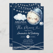 Invitation Sur la Lune et le dos 1er anniversaire lumières à (Devant / Derrière)