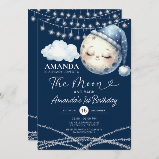 Invitation Sur la Lune et le dos 1er anniversaire lumières à (Devant / Derrière)