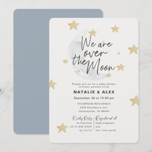 Invitation Sur la lune et les étoiles Baby shower garçon (Devant / Derrière)