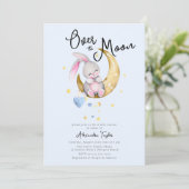 Invitation Sur la lune Stars Rabbit Blue Boy Baby shower (Debout devant)