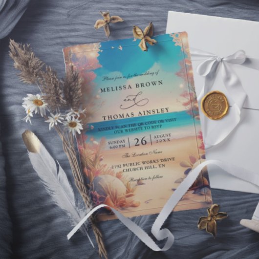 Invitation Sur la plage mariage élégant moderne code qr