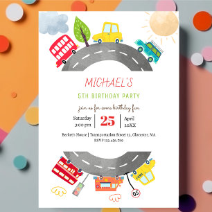Invitation Sur la route joyeuse véhicules garçon anniversaire