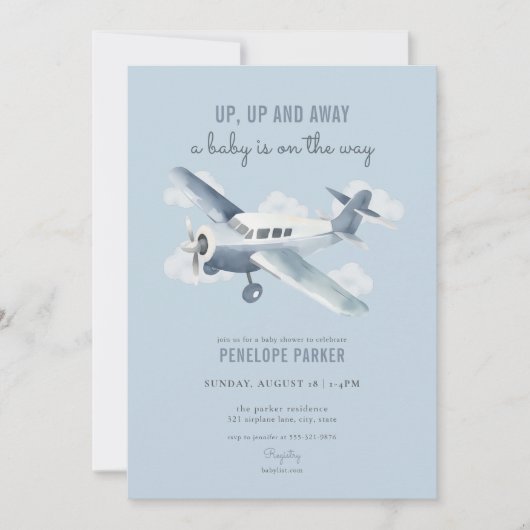Invitation sur le Baby shower d'avion bleu vintage (Devant)