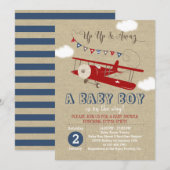 Invitation sur le Baby shower de l'avion rouge vin (Devant / Derrière)