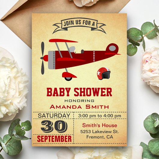 Invitation sur le Baby shower de l'avion rouge vin