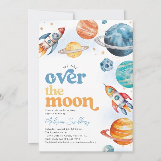 Invitation sur le Baby shower spatial de la Lune (Devant)