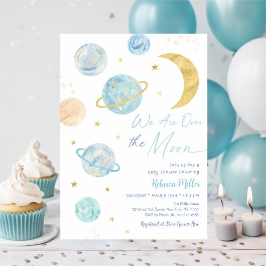 Invitation Sur le Baby shower spatial Moon Blue Pastel
