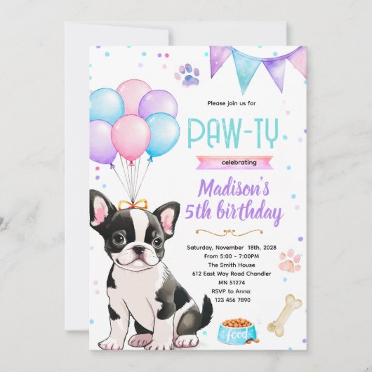 Invitation sur le thème de la fille Boston Terrier (Devant)