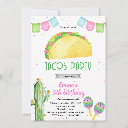 Invitation sur le thème de la fille tacos fiesta (Devant)
