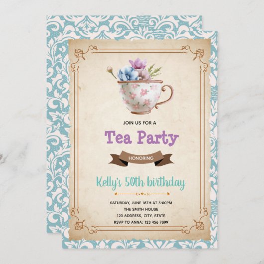 Invitation sur le thème d'une fête du thé de style (Devant / Derrière)