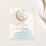 Invitation Sur l'invitation Moon Pink and Blue Baby shower<br><div class="desc">Baby shower invitation avec la lune de gloire d'or et script amusant "Nous sommes sur la lune!" Personnalisez avec vos informations ou cliquez sur "cliquer pour customiser plus loin" pour ajuster le type de police,  la taille,  la couleur.</div>