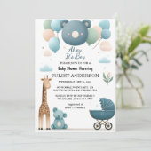 Invitation Sur Soft Boho Bear Blue Cub Welcome Baby Boy Shoy (Debout devant)