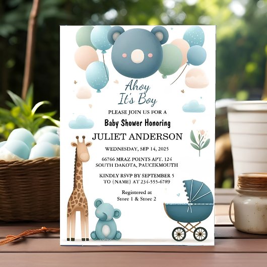 Invitation Sur Soft Boho Bear Blue Cub Welcome Baby Boy Shoy
