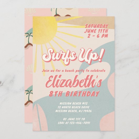 Invitation Surf À L'Invitation D'Anniversaire Toute Fille D'Â (Devant / Derrière)