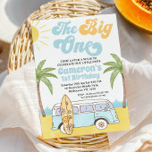 Invitation Surf bleu jaune rétro Big One 1er anniversaire