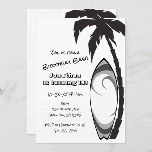 Invitation Surf cool et Palm Tree Surf Anniversaire (Devant / Derrière)