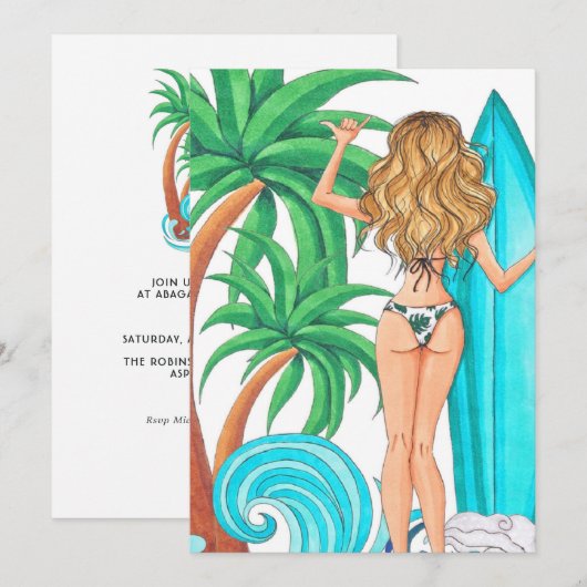 Invitation Surf d'été Plage vacances Anniversaire Fête Invita (Devant / Derrière)
