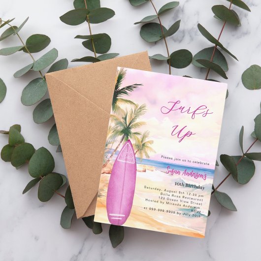Invitation Surf plage surf de plage rose fille fête d'anniver