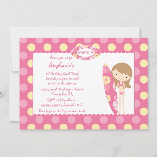Invitation Surf rose vers le haut d'invitation de fête (Devant)